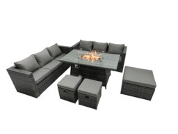 Rackhams Rattan Garden Furniture Fire Pit Dining Set 6 Seater Lounge Sofa Table Set with 3 Footstool - thumbnail 1