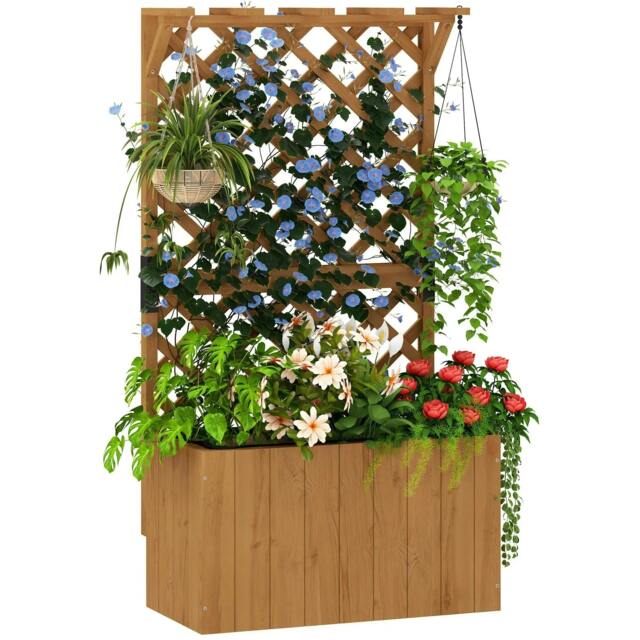 Rackhams Wooden Planter with Trellis, Freestanding Raised Garden Bed with Drainage Holes, Outdoor Planter Box with Liner, Natural