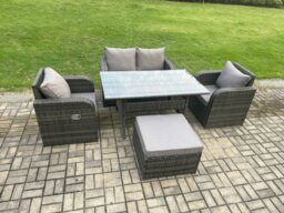 Rackhams Outdoor Rattan Garden Furniture Lounge Sofa Set With Oblong Rectangular Dining Table 2 PC Reclining Chair Big Footstool - thumbnail 2