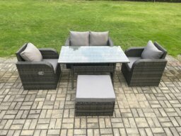 Rackhams Outdoor Rattan Garden Furniture Lounge Sofa Set With Oblong Rectangular Dining Table 2 PC Reclining Chair Big Footstool - thumbnail 1