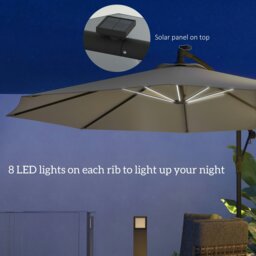 Rackhams 3(m) LED Patio Banana Umbrella Cantilever Parasol w/ Crank, Grey - thumbnail 4