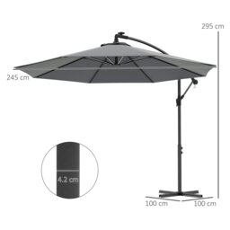Rackhams 3(m) LED Patio Banana Umbrella Cantilever Parasol w/ Crank, Grey - thumbnail 6