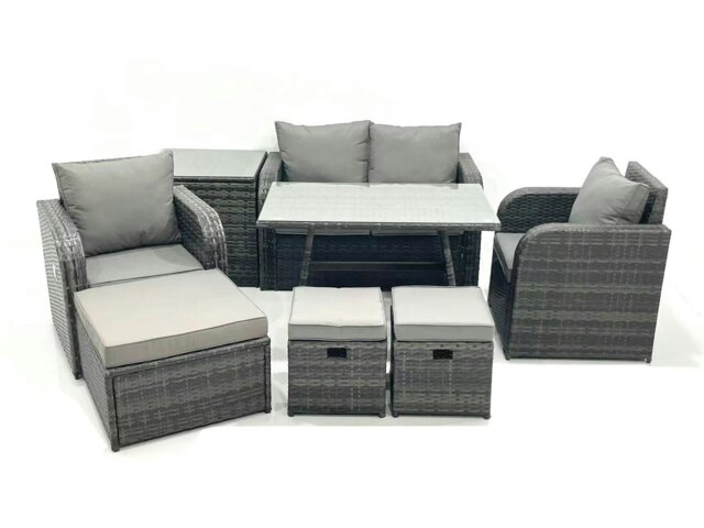 Rackhams Outdoor Garden Furniture Set Rattan Sofa Dining Table Set with Reclining Chair 3 Footstool Side Table Dark Grey Mixed - image 1