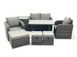 Rackhams Outdoor Garden Furniture Set Rattan Sofa Dining Table Set with Reclining Chair 3 Footstool Side Table Dark Grey Mixed - thumbnail 1