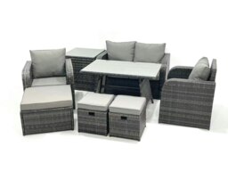 Rackhams Outdoor Garden Furniture Set Rattan Sofa Dining Table Set with Reclining Chair 3 Footstool Side Table Dark Grey Mixed - thumbnail 2