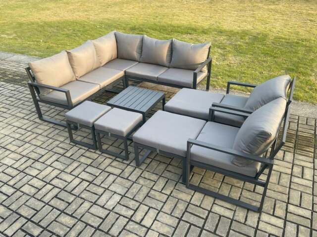 Rackhams 11 Seater Outdoor Aluminium Garden Furniture Set Corner Lounge Sofa Set with Square Coffee Table 2 Pcs Chair Footstools Dark Grey