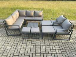 Rackhams 11 Seater Outdoor Aluminium Garden Furniture Set Corner Lounge Sofa Set with Square Coffee Table 2 Pcs Chair Footstools Dark Grey - thumbnail 2