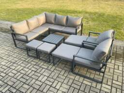 Rackhams 11 Seater Outdoor Aluminium Garden Furniture Set Corner Lounge Sofa Set with Square Coffee Table 2 Pcs Chair Footstools Dark Grey - thumbnail 1