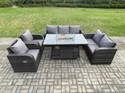 Rackhams Garden Patio Furniture Wicker Rattan Gas Fire Pit Table and Sofa Chair set Dark Grey Mixed - thumbnail 1