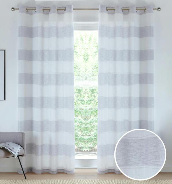 "Rackhams Eyelet Header Linen-Look Modern Striped Voile Panel - Pair - Grey - 57"" (145cm) Width x 72"" (183cm) Drop" - image 1