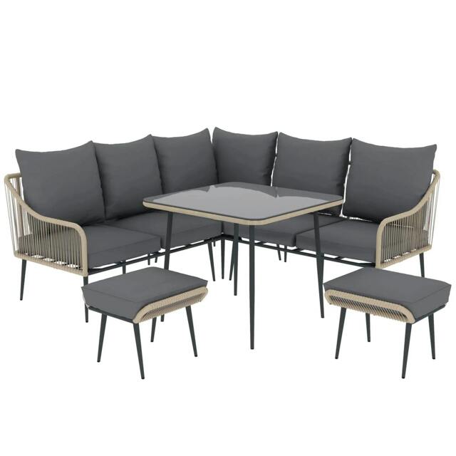 Rackhams Six-Piece Rattan Strong Garden Sofa Set - Brown/Grey