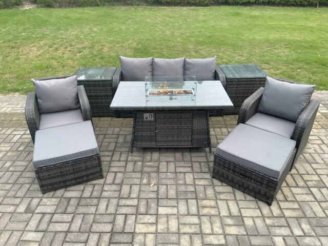 Rackhams Wicker Rattan Garden Furniture Sofa Set Gas Fire Pit Dining Table Indoor Outdoor with 2 Side Table Chair 2 Big Footstool - image 1