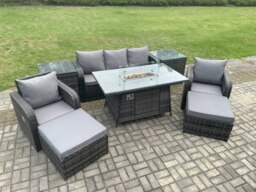 Rackhams Wicker Rattan Garden Furniture Sofa Set Gas Fire Pit Dining Table Indoor Outdoor with 2 Side Table Chair 2 Big Footstool - thumbnail 2