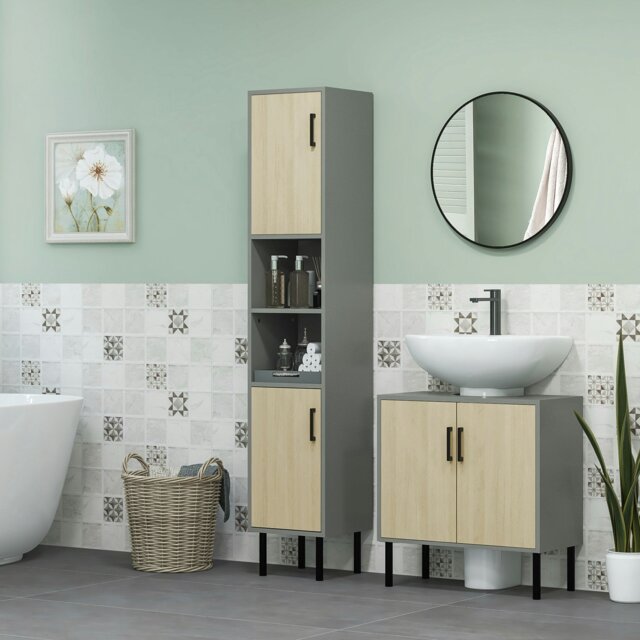 Rackhams Bathroom Sink Cabinet, Under Sink Basin Storage Cupboard with Shelf - Natural wood finish - image 1