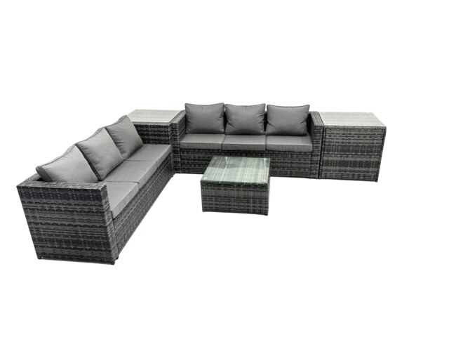 Rackhams Outdoor Rattan Garden Furniture Set 6 Seater Patio Lounge Sofa Set with Square Coffee Table 2 Side Table Dark Grey Mixed - image 1