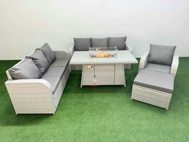 Rackhams 8 Seater Rattan Outdoor Garden Furniture Fire Pit Dining Table Sofa Set 3 Seater Sofa Reclining Chair 3 Seater Sofa Big Footstool Light Grey - image 1