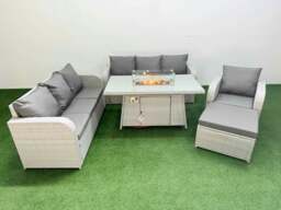 Rackhams 8 Seater Rattan Outdoor Garden Furniture Fire Pit Dining Table Sofa Set 3 Seater Sofa Reclining Chair 3 Seater Sofa Big Footstool Light Grey - thumbnail 1