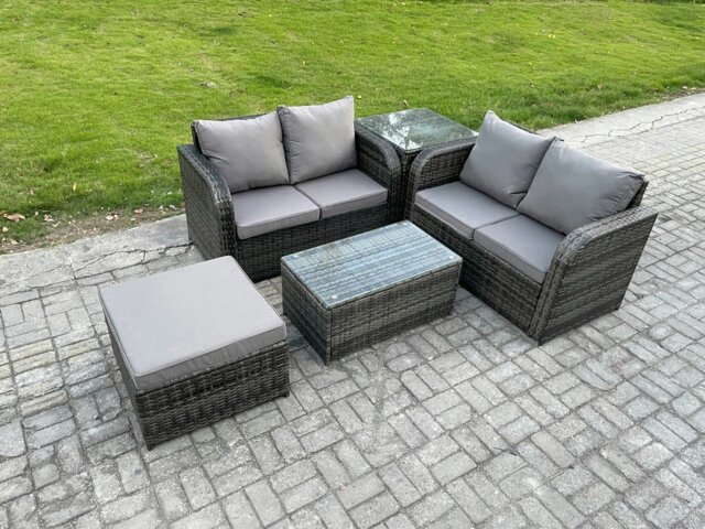 Rackhams Outdoor Lounge Sofa Set Rattan Garden Furniture Set with Rectangular Coffee Table Big Footstool Side Table Dark Grey Mixed - image 1