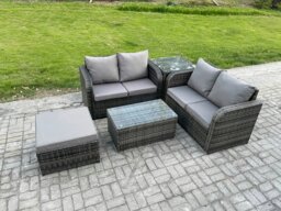 Rackhams Outdoor Lounge Sofa Set Rattan Garden Furniture Set with Rectangular Coffee Table Big Footstool Side Table Dark Grey Mixed - thumbnail 2