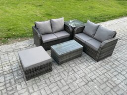 Rackhams Outdoor Lounge Sofa Set Rattan Garden Furniture Set with Rectangular Coffee Table Big Footstool Side Table Dark Grey Mixed - thumbnail 1