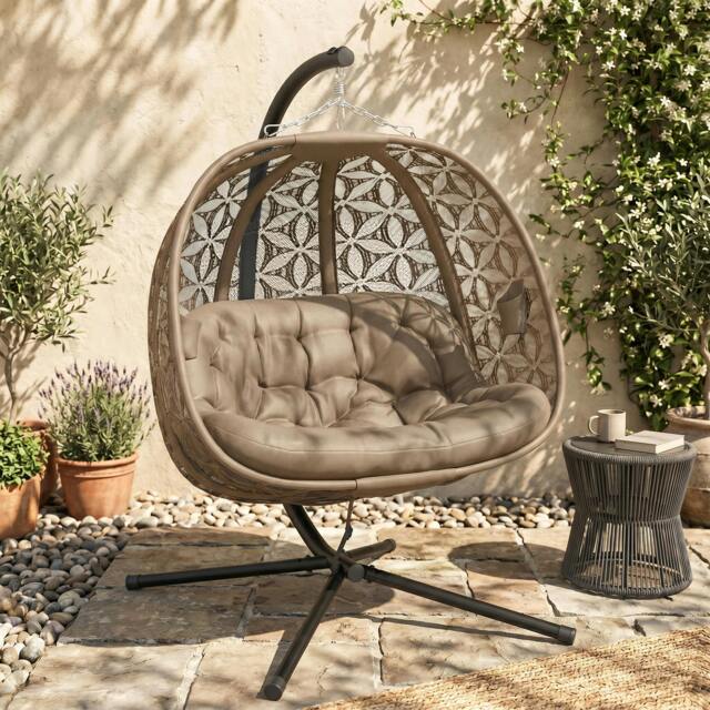Rackhams Double Hanging Swing Chair w/ Stand & Cup Holders, Charcoal Grey - Sand - image 1