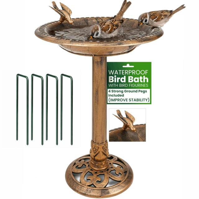 Rackhams My Garden Bird Bath with Ground Pegs Freestanding Bronze Effect Birds Bath for Garden & Patio Use with Wide Shallow Bowl - 64 cm - Patterned Base - image 1