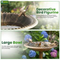Rackhams My Garden Bird Bath with Ground Pegs Freestanding Bronze Effect Birds Bath for Garden & Patio Use with Wide Shallow Bowl - 64 cm - Patterned Base - thumbnail 6