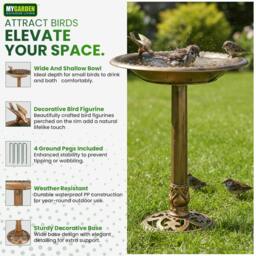 Rackhams My Garden Bird Bath with Ground Pegs Freestanding Bronze Effect Birds Bath for Garden & Patio Use with Wide Shallow Bowl - 64 cm - Patterned Base - thumbnail 3