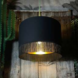 "Rackhams Jet Black Lampshade with Gold Lining & Black Fringing - Ceiling Pendant / Arc Lamp - 25cm Diameter x 25cm Height / (10"" x 10"")" - thumbnail 6