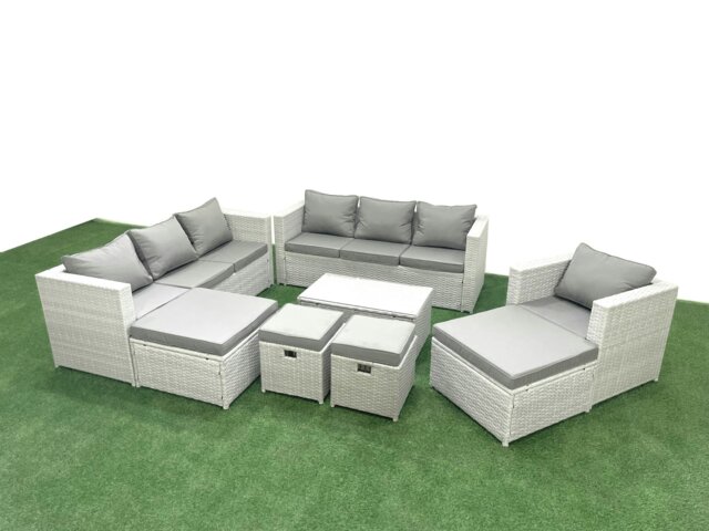 Rackhams Rattan Garden Furniture Set 8 Pieces Outdoor Garden Sofa Chair Coffee Table Set with 4 Footstools Light Grey Mixed - image 1