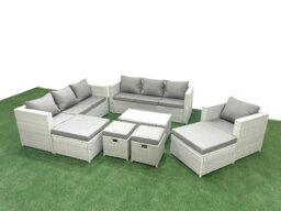 Rackhams Rattan Garden Furniture Set 8 Pieces Outdoor Garden Sofa Chair Coffee Table Set with 4 Footstools Light Grey Mixed - thumbnail 1