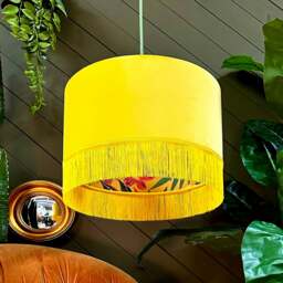 "Rackhams Witch Hazel Botanical Garden Silhouette Lampshade in Sunset Velvet & Fringing - Ceiling Pendant / Arc Lamp - 35cm diameter x 25cm Height (14"" x 10"")" - thumbnail 1