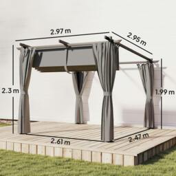 Rackhams 3 x 3(m) Metal Pergola with Retractable Roof and Sidewalls, Light Grey - Retractable polyester fabric - Metal, Aluminium, Polyester - 6 cm - thumbnail 3