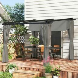 Rackhams 3 x 3(m) Metal Pergola with Retractable Roof and Sidewalls, Light Grey - Retractable polyester fabric - Metal, Aluminium, Polyester - 6 cm - thumbnail 1