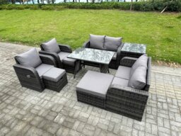 Rackhams 9 Seater Wicker PE Rattan Garden Dining Set Outdoor Furniture Sofa with Rectangular Dining Table Side Table 3 Footstools Dark Grey Mixed - thumbnail 1