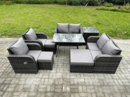 Rackhams 9 Seater Wicker PE Rattan Garden Dining Set Outdoor Furniture Sofa with Rectangular Dining Table Side Table 3 Footstools Dark Grey Mixed - thumbnail 2