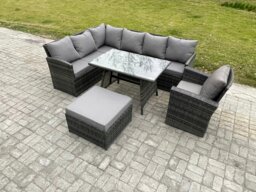 Rackhams Rattan Garden Furniture Corner Sofa Set with Oblong Dining Table Big Footstool Armchair Outdoor Wicker Rattan Set Dark Grey Mixed - thumbnail 2