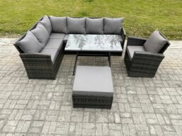 Rackhams Rattan Garden Furniture Corner Sofa Set with Oblong Dining Table Big Footstool Armchair Outdoor Wicker Rattan Set Dark Grey Mixed - thumbnail 1