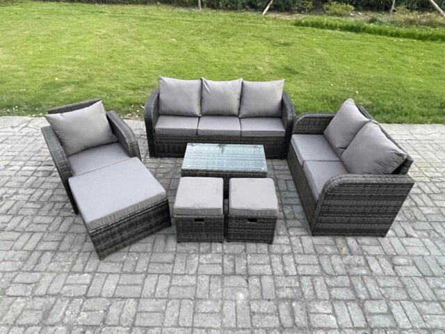 Rackhams Outdoor Garden Furniture Sets 7 Pieces Wicker Rattan Furniture Sofa Sets with Rectangular Coffee Table Loveseat Sofa 3 Footstools - image 1