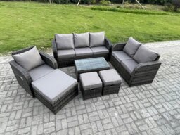 Rackhams Outdoor Garden Furniture Sets 7 Pieces Wicker Rattan Furniture Sofa Sets with Rectangular Coffee Table Loveseat Sofa 3 Footstools - thumbnail 2