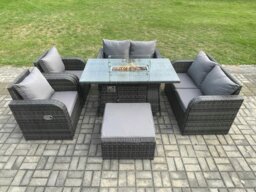 Rackhams 7 Seater Rattan Garden Furniture Set Propane Gas Fire Pit Table and Sofa Chair set with Big Footstool - thumbnail 1