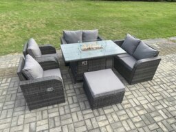 Rackhams 7 Seater Rattan Garden Furniture Set Propane Gas Fire Pit Table and Sofa Chair set with Big Footstool - thumbnail 2