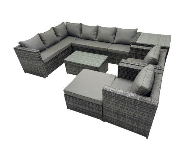 Rackhams Outdoor Rattan Rectangular Coffee Table Corner Sofa Sets Garden Furniture Set with 2 Chairs Big Stool Side Table Dark Grey Mixed - image 1