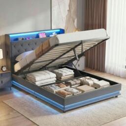 Rackhams Lift up Storage Bed Frame with RGB LED Lights, Dark Grey - Double - thumbnail 1