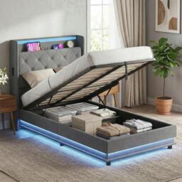 Rackhams Lift up Storage Bed Frame with RGB LED Lights, Dark Grey - Double - thumbnail 2