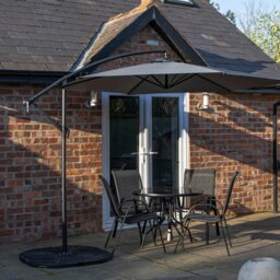 Rackhams Outdoor 4 Person Round Glass Top Garden Dining Table Chairs With Grey Banana Parasol and Base - Outdoor Furniture Sets - thumbnail 1