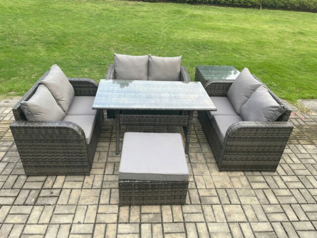 Rackhams Wicker PE Rattan Sofa Outdoor Garden Furniture Set with Rectangular Dining Table Big Footstool Side Table Dark Grey Mixed - image 1