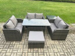 Rackhams Wicker PE Rattan Sofa Outdoor Garden Furniture Set with Rectangular Dining Table Big Footstool Side Table Dark Grey Mixed - thumbnail 1