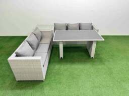 Rackhams Rattan Garden Furniture Dining Set 6 seater Patio Rectangular Table Sofa Set with Side Table Light Grey