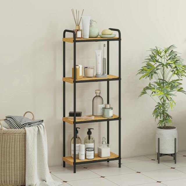 Rackhams 4-Tier Bamboo Bathroom Shelf, Freestanding Shelving Unit, Natural - 41.5W x 21.5D x 106H cm - Black, Natural - image 1